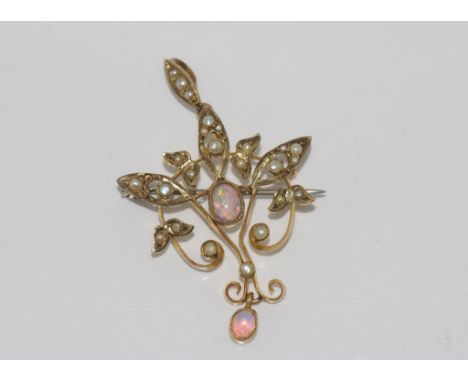 Edwardian 8ct gold, opal and seed pearl pendant or brooch, weight: approx 4.2 grams, size: approx 4.5 cm including bale