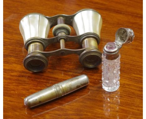 Small sterling silver topped scent bottle hallmarked Birmingham 1892 together with a silver plated manicure set & a pair of M