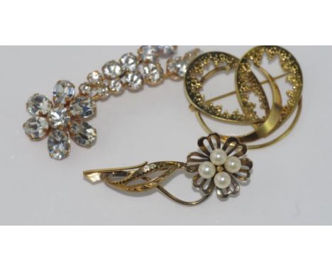 Three vintage brooches with markings Silver gilt and pearl marked GJ, German K&L brooch and another marked Austria