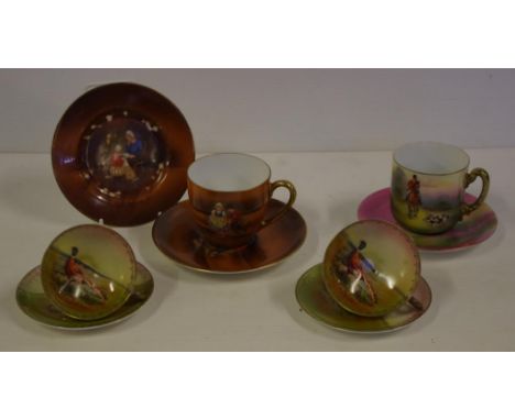 Four Royal Bayreuth cups and saucers together with an extra side plate, decorated with children and animal scenes