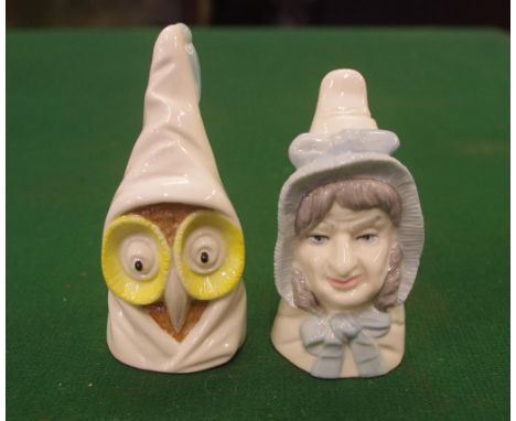 Two Royal Worcester candle snuffers Owl & Mrs Caudle, 8cm high (tallest) approx