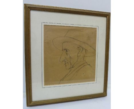 A pen and ink drawing, half portrait of a gentleman, on buff paper