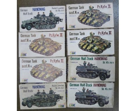 Eight ESCI 1/72 scale model kits, German Army vehicles