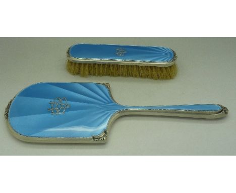 A silver and guilloche enamel brush and mirror with monogram