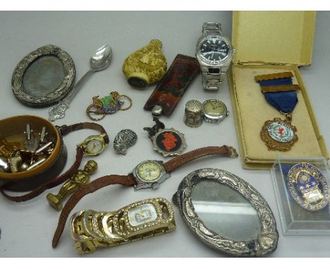 A gentleman's Rotary wristwatch, other wristwatches, enamel badge, a pair of frames, etc.