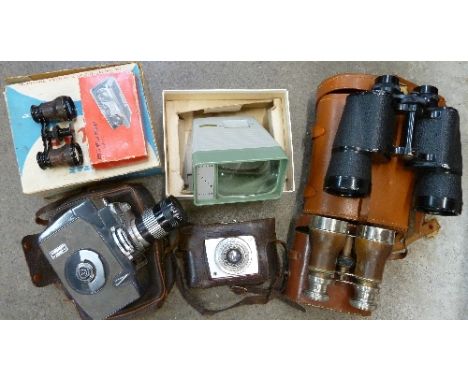 Two pairs of binoculars, two pairs of opera glasses, a cine camera and slide viewer