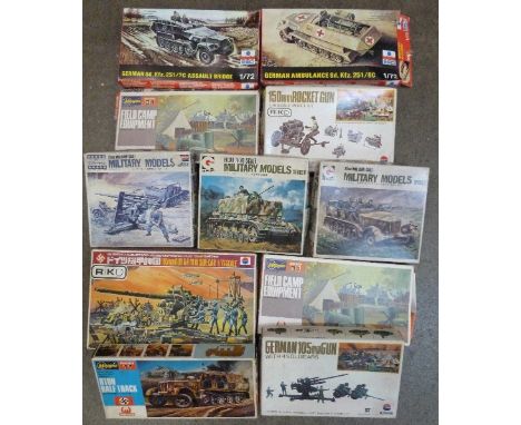 Eleven model kits, German army vehicles, etc. including ESCI, Hasegawa, Eidai and Grip