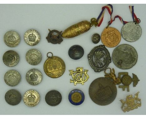 Nine numbered Admiralty On War Service button hole badges, an enamel On War Service 1914 badge and other medallions, etc.