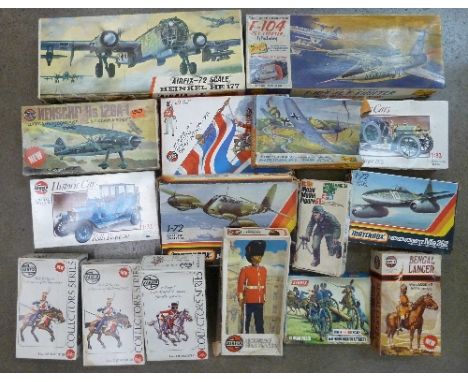 Sixteen model kits, German Army soldiers and aeroplanes and Airfix British Infantry model kits