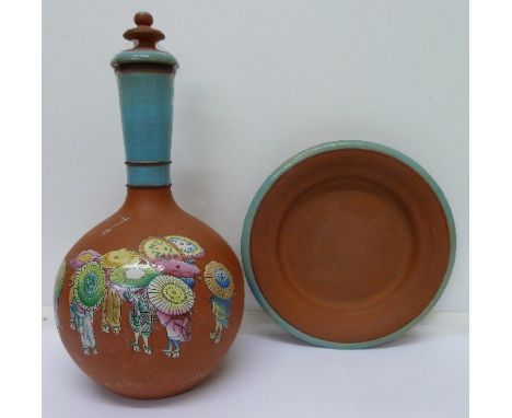 A terracotta lidded bottle vase decorated with enamel Chinese figures, height 31cm