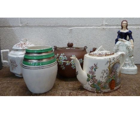 A Chinese terracotta teapot, decorated with cherry blossom, a Radford vase, a Hill Pottery Rustic pattern teapot, a Staffords