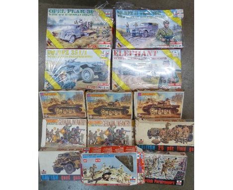 Thirteen model kits, German Army vehicles, infantry and four British Army soldier kits, ESCI and Matchbox
