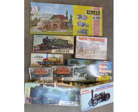 Nine railway model kits including Faller HO scenery, Airfix 00 scale Evening Star, Prairie Tank, etc.