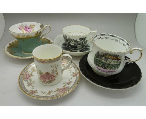 A 19th Century cup and saucer, a Rosina Old Curiosity Shop cup and saucer and two other cups and saucers