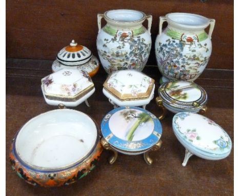 Five Noritake trinket pots, a pot pourri, a pair of vases and a bowl, pot pourri lid a/f
