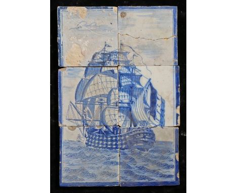 An 18th century  Dutch Delft tile panelIn blue, designed as a ship in full sail at sea, 26cm x 39cm 