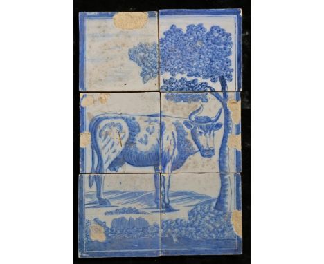 An 18th century Dutch Delft tile panelDesigned in blue, with a cow under a tree, 26cm x 39cm