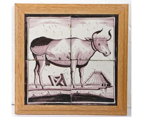 An 18th century Dutch Delft tile panelDesigned in manganese, showing a standing cow, mounted 26cm x 26cm