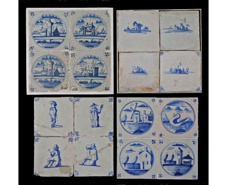 A collection of mounted 18th century Dutch tile panelsTo examples with townscapes and figures