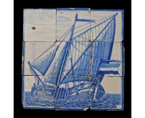 An 18th Century Dutch Delft tile pictureDesigned in blue, with a ship full mast at sea, 40cm x 40cm