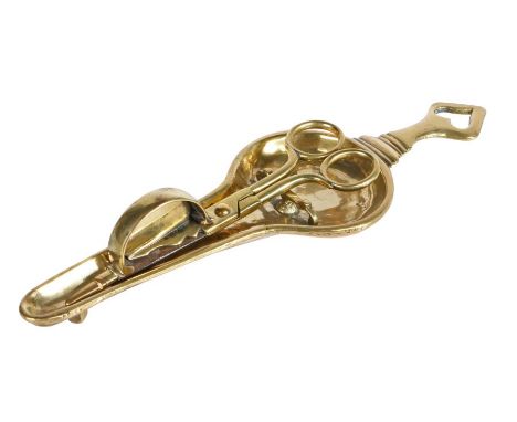 An early to mid-18th century pair of heavy brass candle-snuffers and tray, English, circa 1720-50The snuffer, or wick trimmer