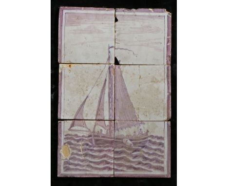 An 18th century Dutch Delft tile panelDesigned in manganese, with a ship at sail, 26cm x 40cm