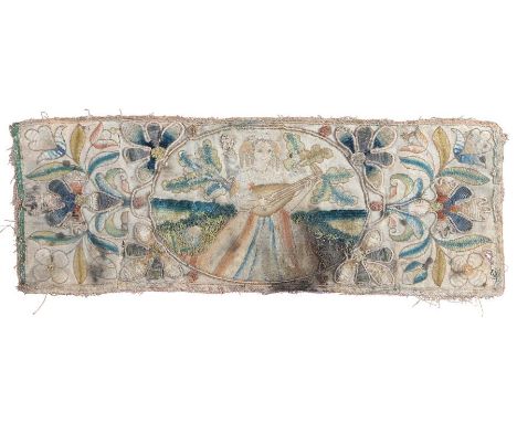 A 17th century needlework panel, circa 1660Designed with the central female figure playing a lute within an oval, flanked to 