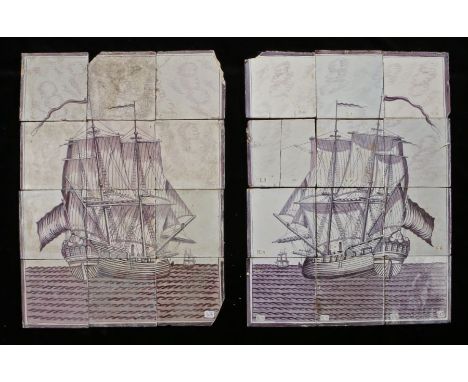 Two 18th century Dutch Delft tile picturesDesigned in manganese, each of twelve panels, showing a ship full mast at sail, 53c