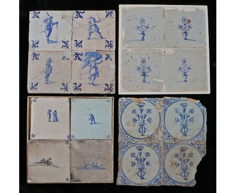 A collection of mounted 18th century Dutch tile panelsTo include two designed with flower-filled vases, along with Cavaliers 