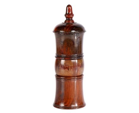 A George III lignum vitae coffee grinder, circa 1760

The finial top above a dome and shaped tower body enclosing a grinder, 