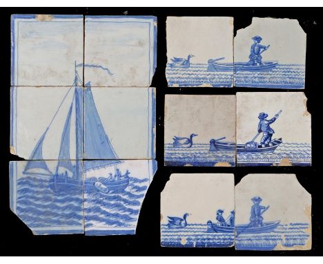 A collection of 18th century Delft tile picturesTo include three pairs of boating scenes, together with and a boat at sail