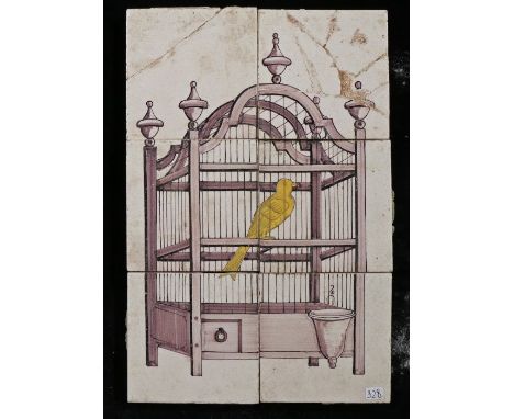 An 18th century Dutch Delft tile pictureIn manganese, designed as a fancy yellow bird within a cage, 26cm x 39cm
