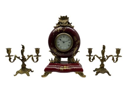 A 20th century three-piece clock garniture, with an 8-day timepiece movement and cylinder platform escapement in a circular p
