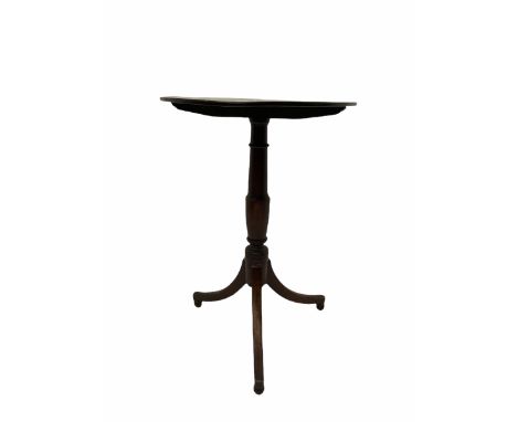 George III mahogany tripod table, oval tilt top on turned pedestal, plain splayed supports on globular feetDimensions: Height