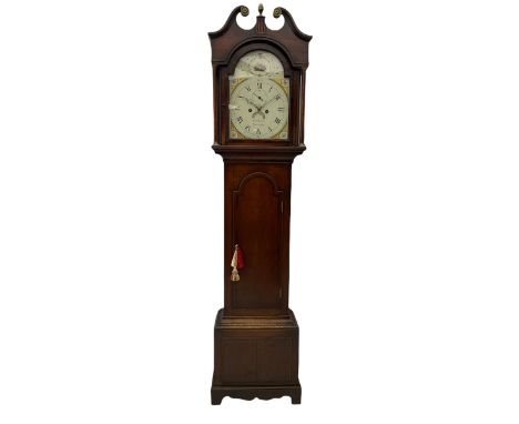 An early 19th century longcase clock, retailed by "Thomas Mills, Berkley", the oak case with mahogany banding, swan's neck pe