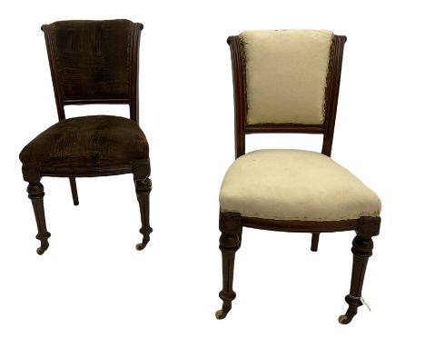 Pair Victorian mahogany side chairs, curved and moulded upright back rails, shaped seats, on turned and fluted supports with 
