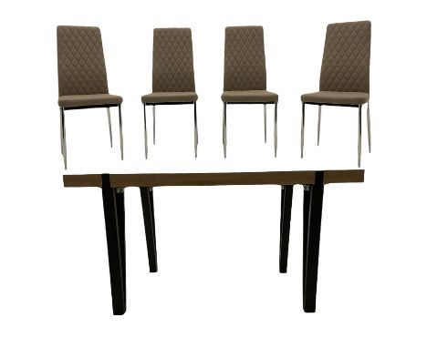 Modern light oak effect rectangular dining table, and four high back chairs.Dimensions: Height:&nbsp;76cm&nbsp; Length/Width: