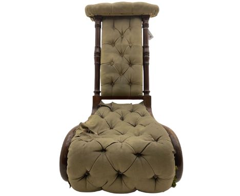 Victorian mahogany prie-dieu chair, scrolled form with turned and fluted upright supports carved with leaves, buttoned uphols