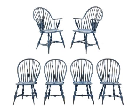 D.R. Dimes Furniture - set six American Windsor dining chairs, hoop and stick back on dished saddle seats, turned supports jo