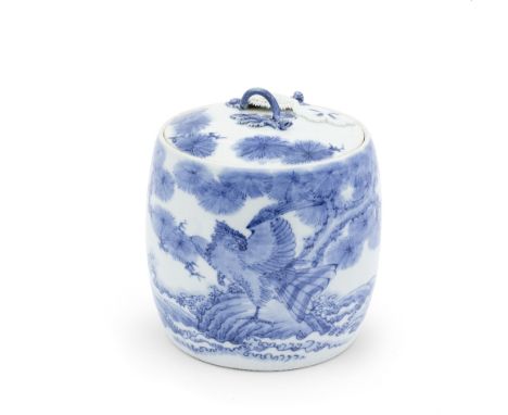 A HIRADO-WARE BLUE-AND-WHITE MIZUSASHI (FRESH-WATER JAR) AND COVEREdo period (1615-1868), 19th centuryOf cylindrical form, fi