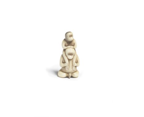 A STAG-ANTLER NETSUKE OF MONKEYSEdo period (1615-1868) or Meiji era (1868-1912), 19th centuryThe larger monkey seated upright