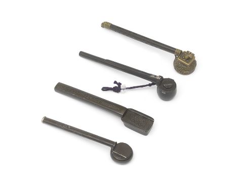 TWO METAL YATATE (PORTABLE BRUSH AND INK CONTAINERS)Edo period (1615-1868), 19th centuryThe first with a cylindrical ink bowl