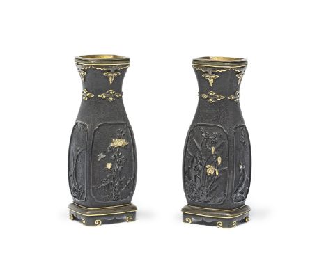 KAISEKIAn Unusual Pair of Inlaid Four-Sided Wood Vases Meiji era (1868-1912), late 19th/early 20th centuryEach vase supported