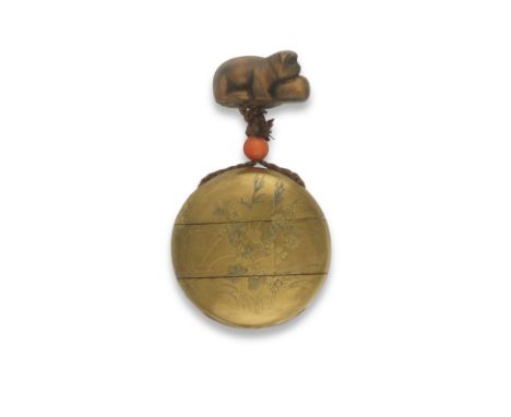 A GOLD-LACQUER CIRCULAR TWO-CASE INROMeiji era (1868-1912), late 19th/early 20th centuryLacquered in slight red and gold taka