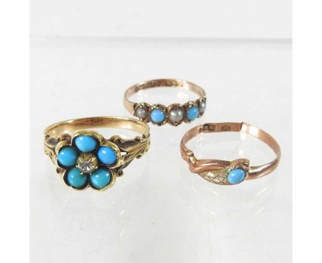 A 9 carat gold turquoise and split pearl five stone ring, size M, together with a 9 carat turquoise ring and another, size Q,