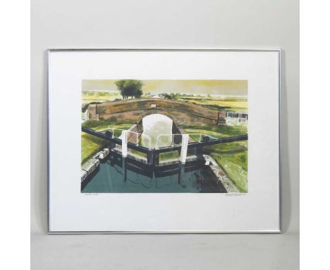 Garrick Palmer, b1933, Kennet Lock, signed and dated '77 to the margin, coloured lithograph, 35 x 51cm