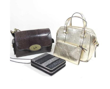 A Mulberry brown snakeskin handbag, with bronzed mounts and a chain strap, 25cm wide, with dust bag, together with a Zara gol