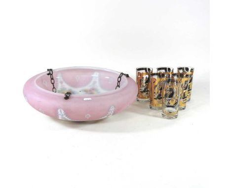 A set of six MCM enamelled and gilt highball tumbler glasses, together with an Art Deco light shade, 46cm diameter