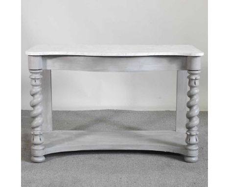 A grey painted marble top console table, of serpentine form, with an undertier121w x 61d x 79h cm 