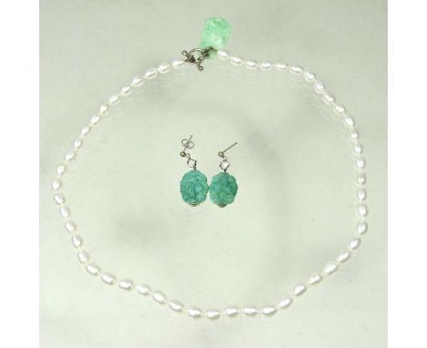 A pair of Chinese carved jade pendant earrings, 3cm drop, boxed, together with a cultured pearl single strand bead necklace, 